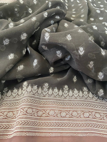 Banarasi Pure Chiffon Saree | Gray | Handwoven | Ships from California